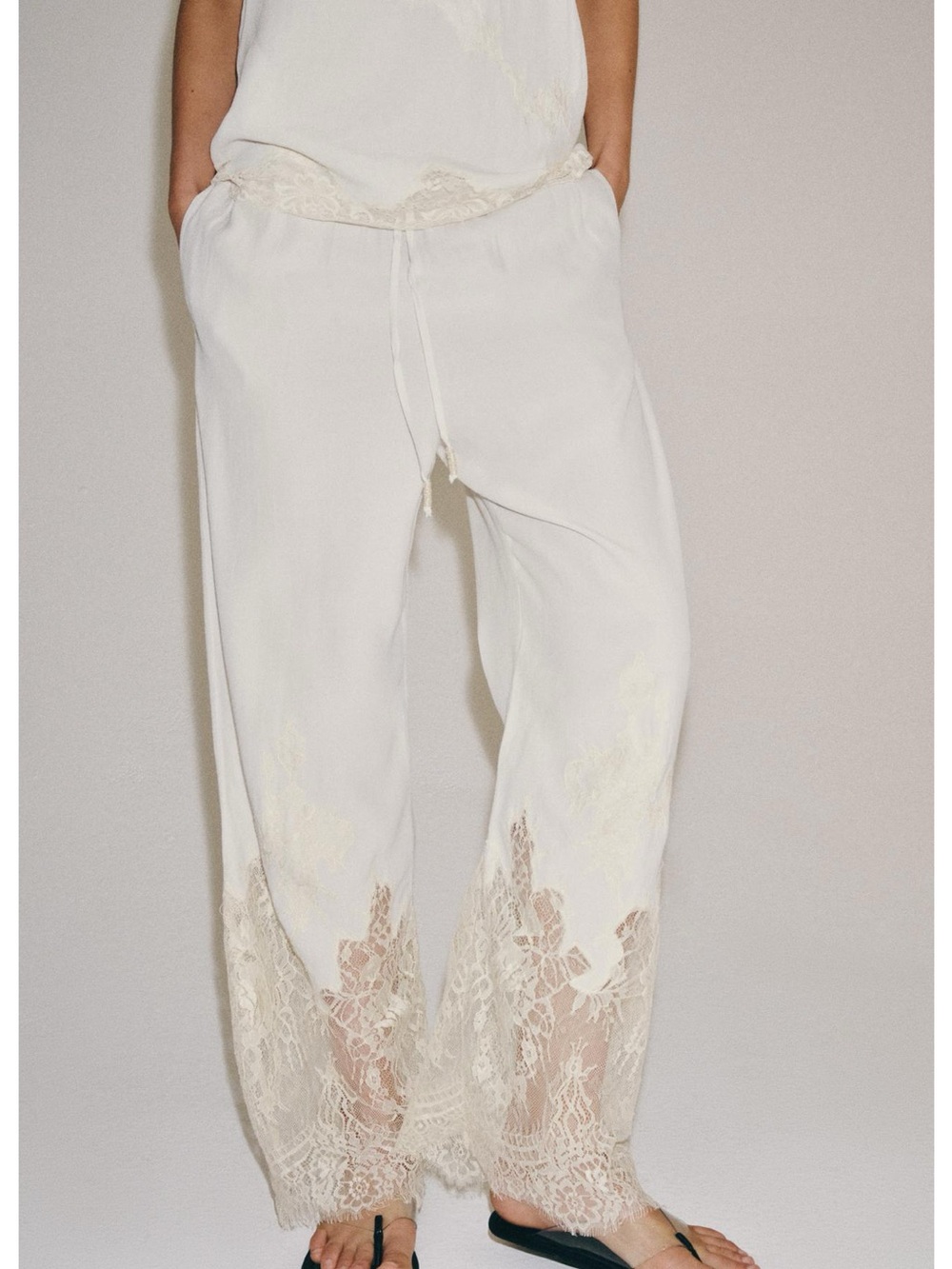 ZW COLLECTION LACE PAJAMA PANTS 
Zara Cream Lace-Trim Wide Leg Pants